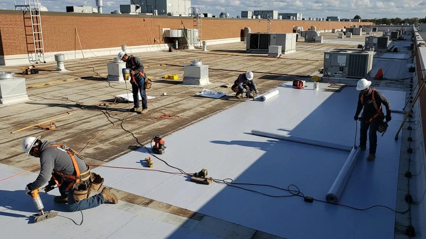 Membrane repair on a commercial roof Membrane repair on a commercial roof